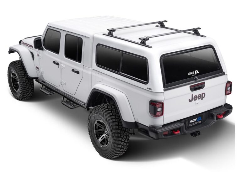White A.R.E. CX Classic truck cap with an aluminum-framed rear door on a white Jeep Gladiator